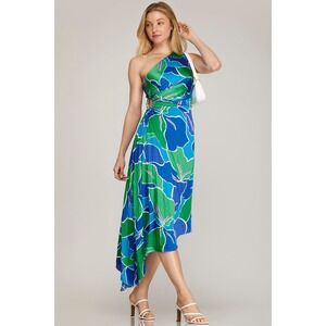 She+Sky Blue Green Abstract One Shoulder Asymmetrical Midi Dress M Resort Chic